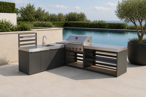Modular Outdoor Kitchen | Aluminium or Galvanised Steel Units with Brushed Stainless Steel Worktops and Composite Shelf Boards