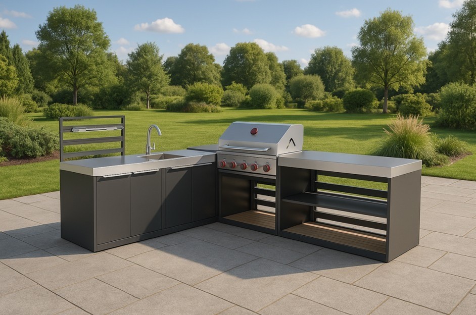 Outdoor kitchen cabinet run with a sink, a work station and open shelving on a paved terrace in front of a lawn