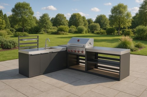 Modular Outdoor Kitchen | Aluminium or Galvanised Steel Units with Brushed Stainless Steel Worktops and Composite Shelf Boards