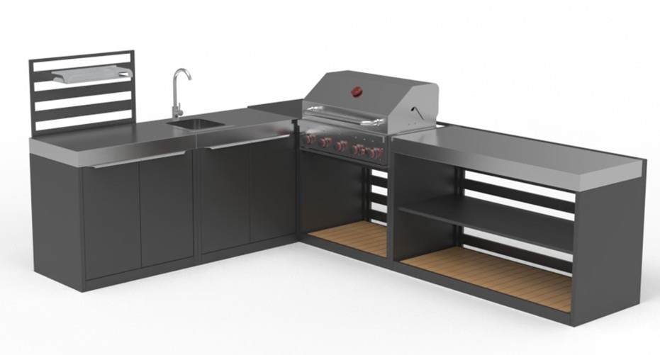 Outdoor kitchen cabinet range shown as a connected run on a plain studio background