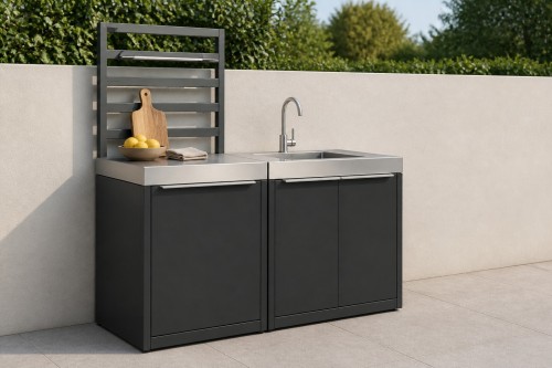 Modular Outdoor Kitchen | Aluminium or Galvanised Steel Units with Brushed Stainless Steel Worktops and Composite Shelf Boards