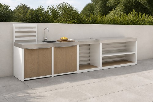 Modular Outdoor Kitchen | Aluminium or Galvanised Steel Units with Brushed Stainless Steel Worktops and Composite Shelf Boards
