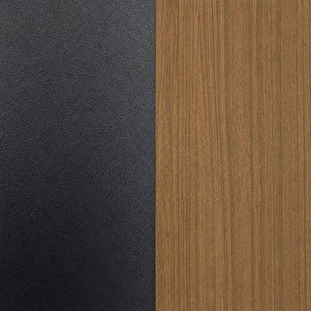 Material close-up of a dark charcoal powder-coated surface beside a warm wood-look composite board