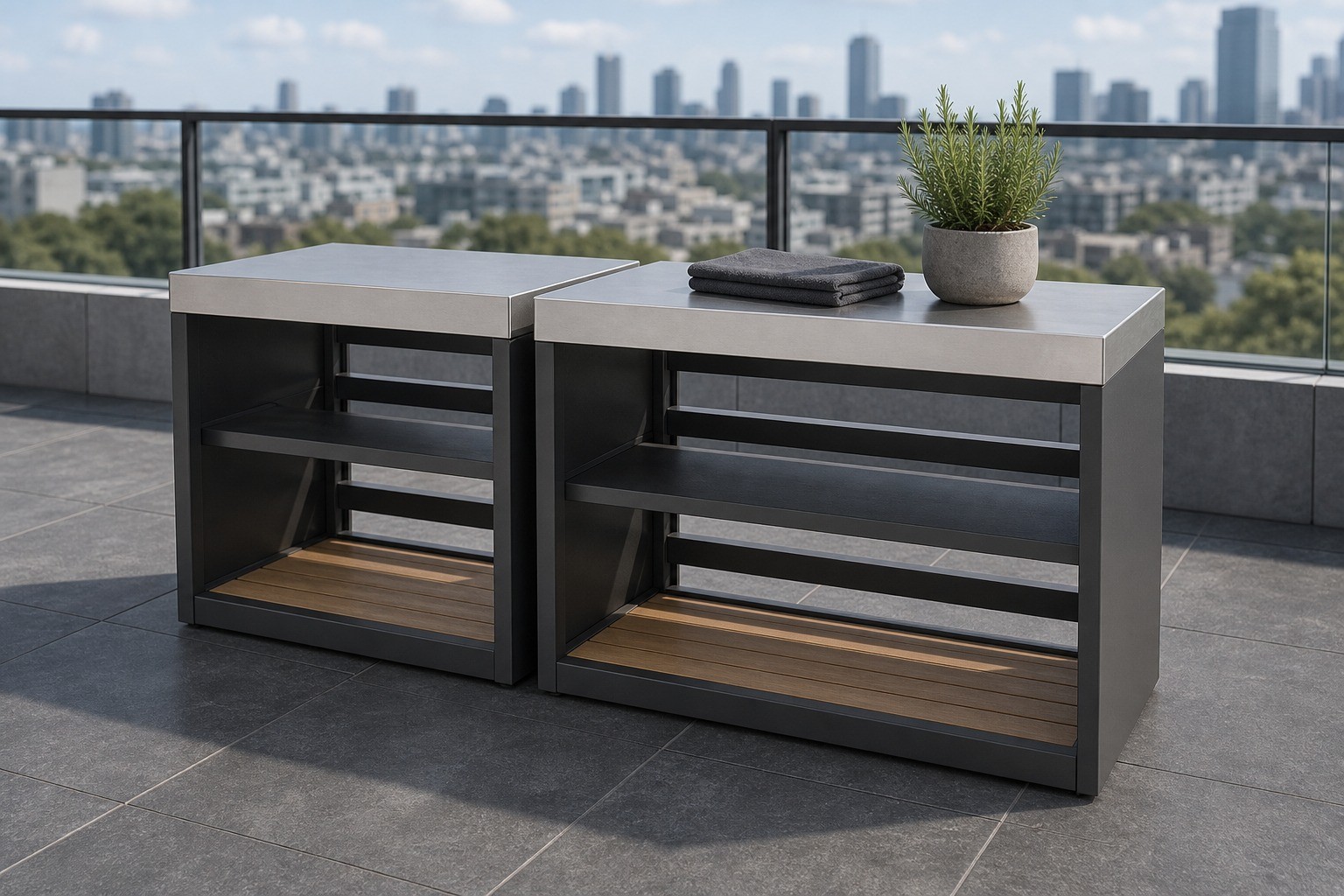 Two open outdoor kitchen shelving units with wood-look shelf boards on a roof terrace above a city skyline