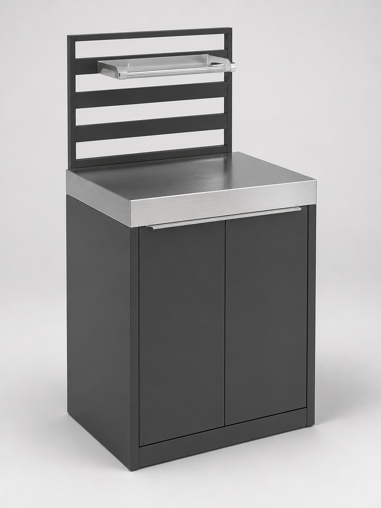 Tall outdoor kitchen storage cabinet with two doors, a brushed stainless steel top and a slatted back panel carrying a shelf and a rail
