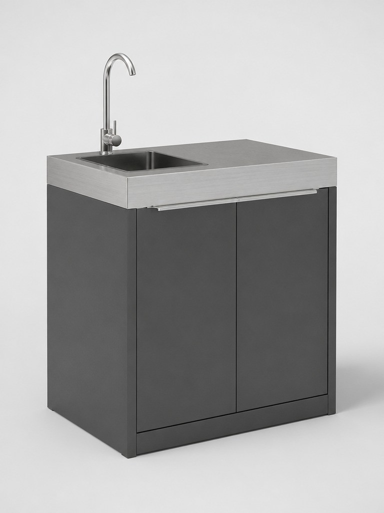 Outdoor kitchen sink unit with two doors and a drop-in sink and tap set into the left of a brushed stainless steel top