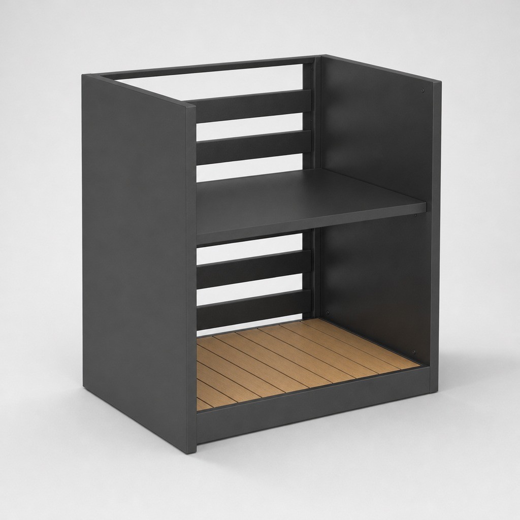 Open outdoor kitchen storage table with one mid shelf, a slatted back panel and a wood-look composite board base