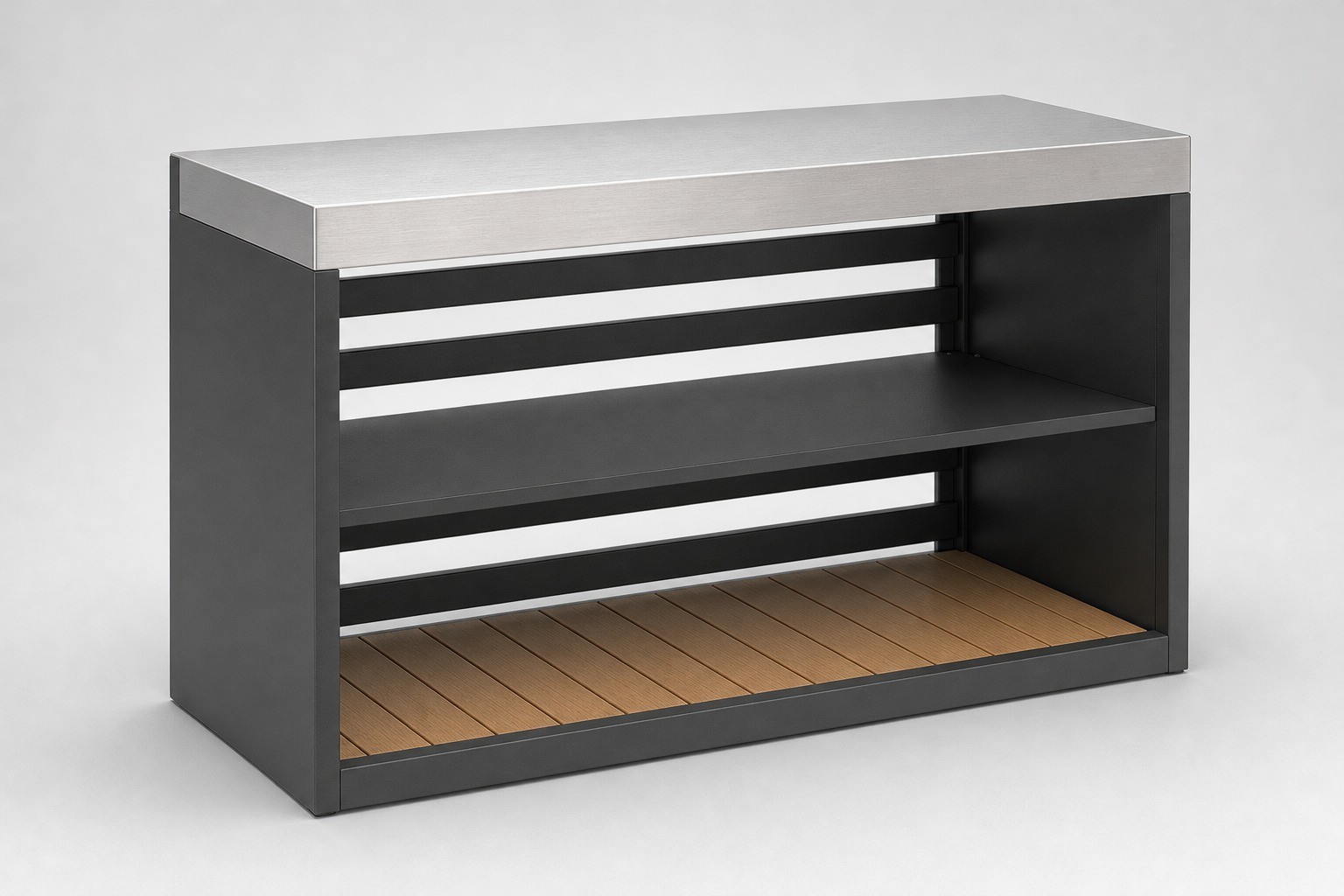 Wide outdoor kitchen work station with a brushed stainless steel worktop, an open shelf below and a composite board base