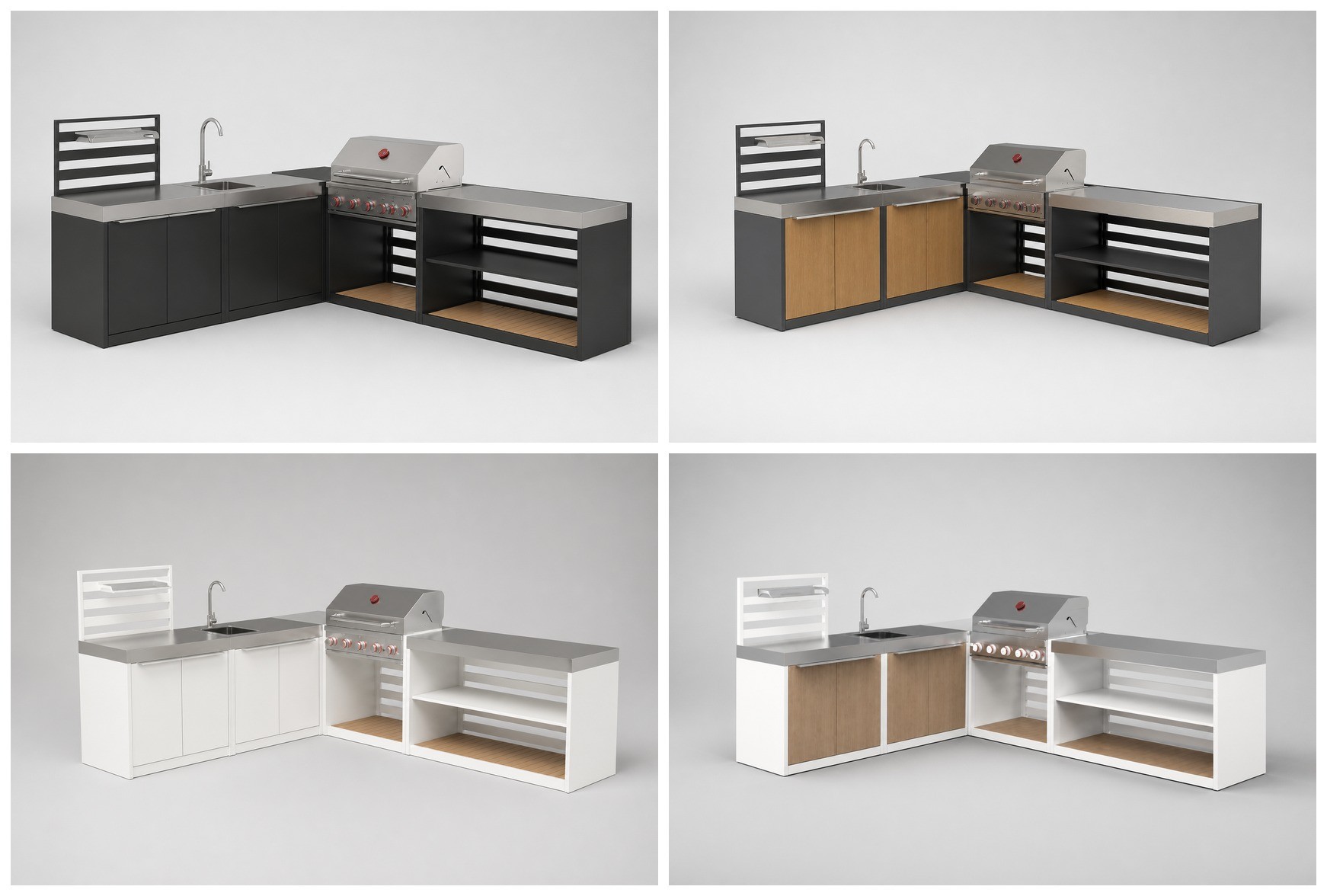 Four colourways of the same outdoor kitchen run shown together: charcoal, charcoal with wood-look faces, white, and white with wood-look faces