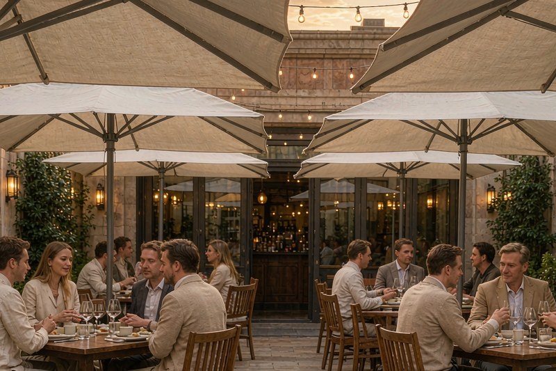 Restaurant courtyard dining terrace under cream umbrellas with wooden tables