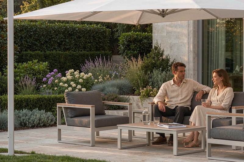 A cantilever umbrella shading a modular lounge set in a planted private garden