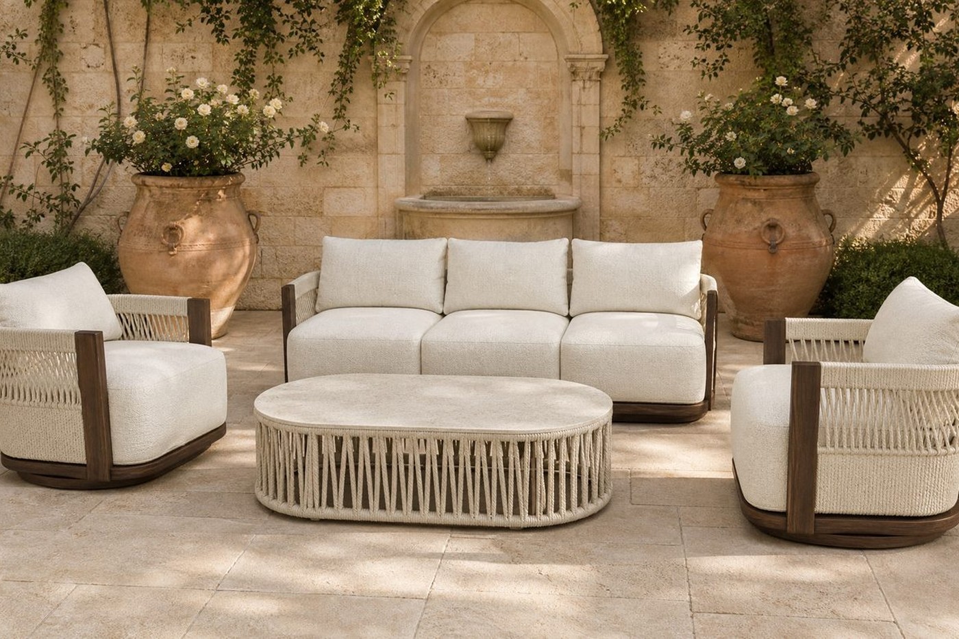 Aluminium outdoor sofa set with cream seat and back cushions on a villa terrace, cushions piped along the front edge