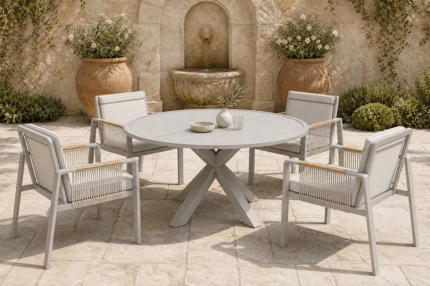 Outdoor dining chairs with light grey cushions around an aluminium slat table on a covered terrace