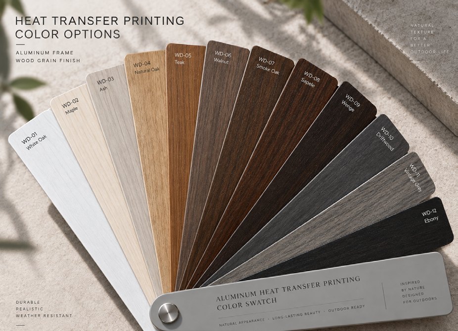 Heat-transfer wood-grain colour swatch fan for aluminium frames