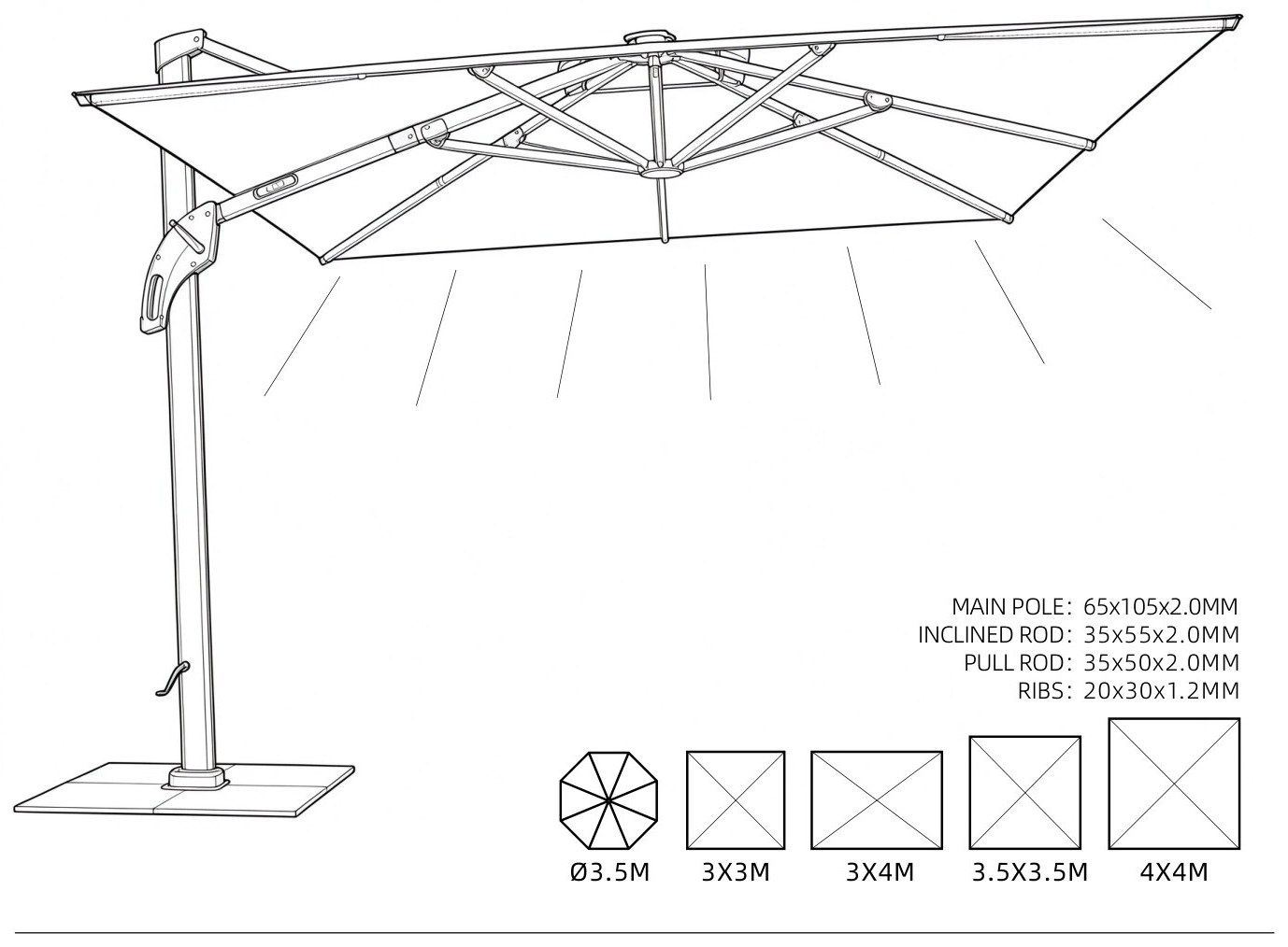 Frame structure drawing with pole, rod and rib dimensions and canopy shape options