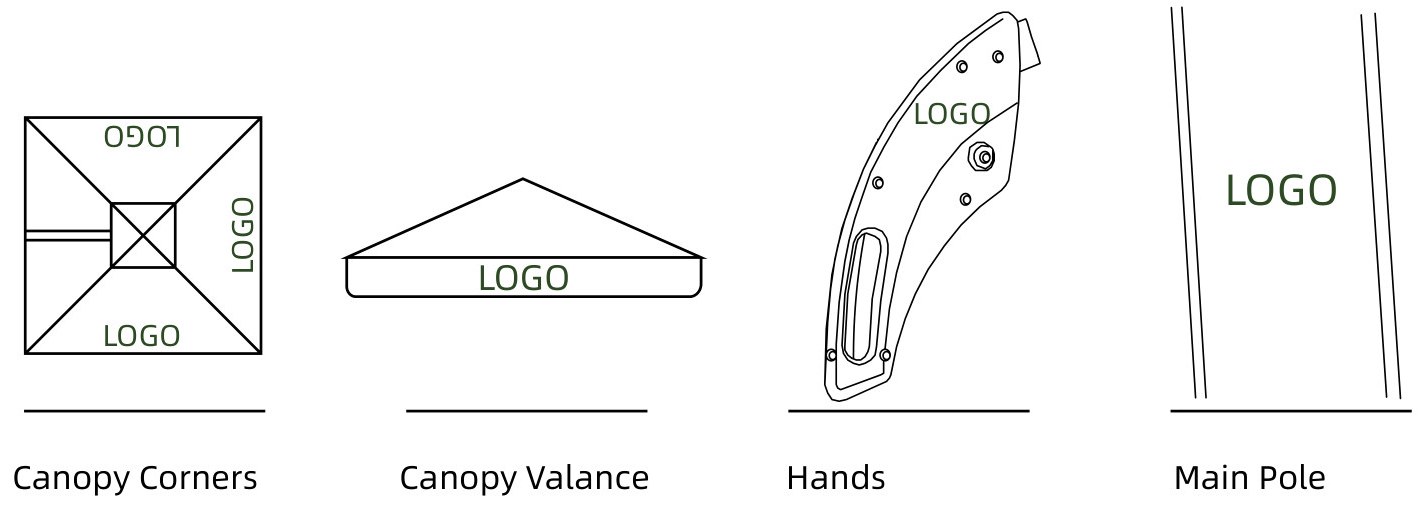 Custom logo positions on canopy corners, valance, hands and main pole