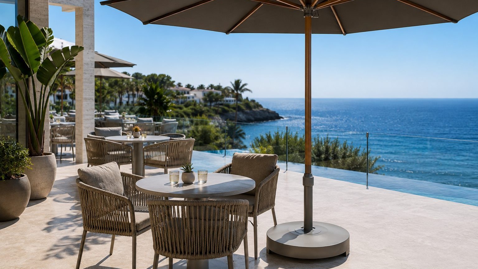 A seaside hotel terrace set with centre pole umbrellas, rope weave chairs and a round concrete base, showing several units of one model in service