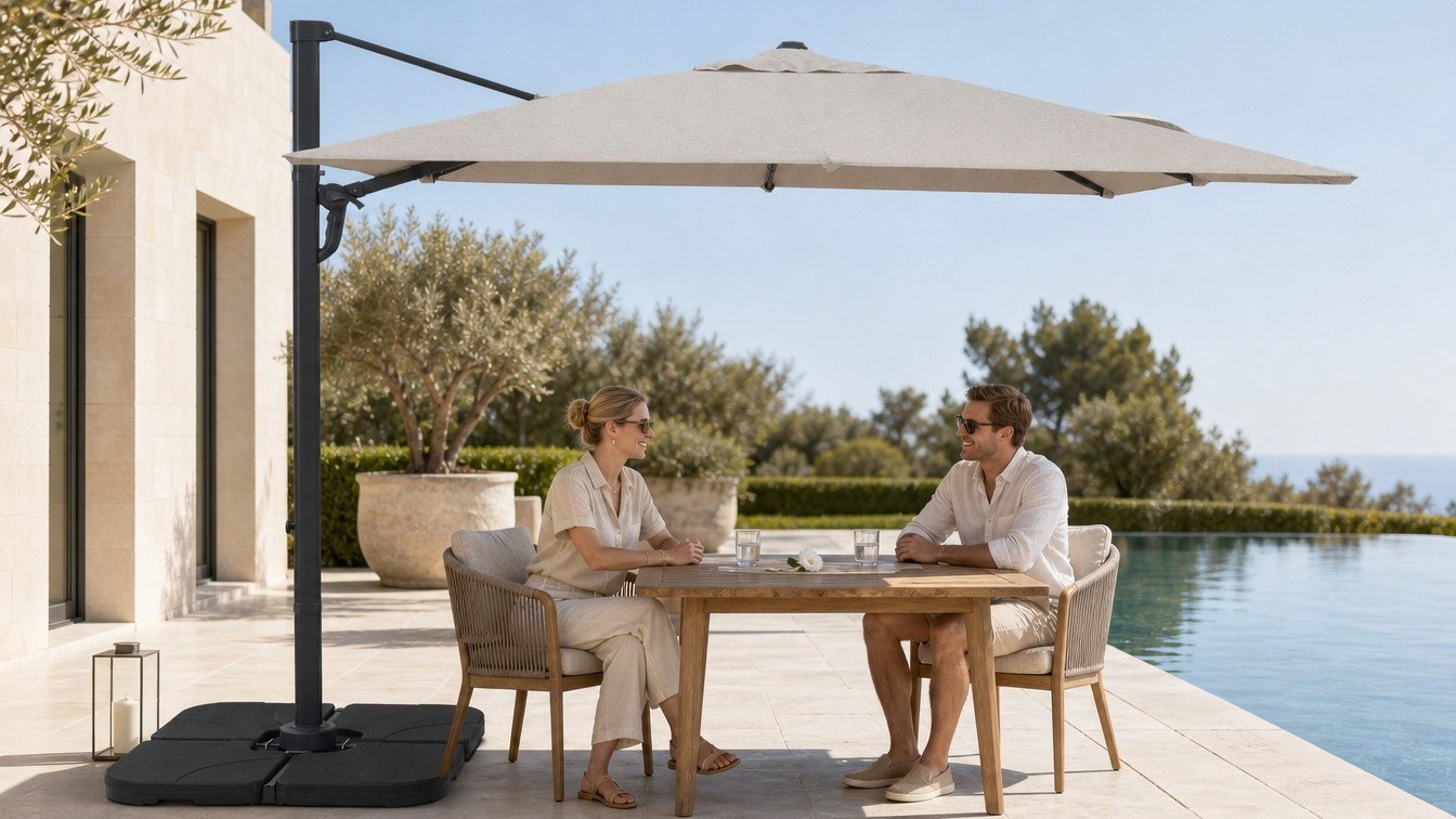 A couple dining under a cantilever umbrella beside a pool at a private villa, with a weighted base plate visible