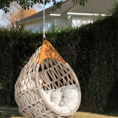Hand-Woven Rope Hanging Chair with Solid Teak Top for Garden, Resort and Patio