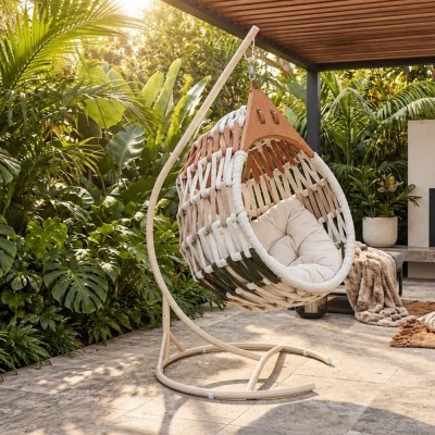 Hand-Woven Rope Hanging Chair with Solid Teak Top for Garden, Resort and Patio