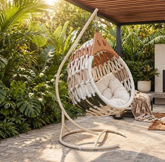 Hand-Woven Rope Hanging Chair with Solid Teak Top for Garden, Resort and Patio