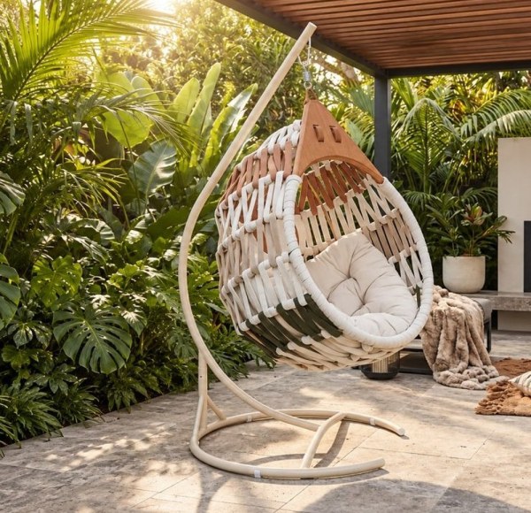 Hand-Woven Rope Hanging Chair with Solid Teak Top for Garden, Resort and Patio