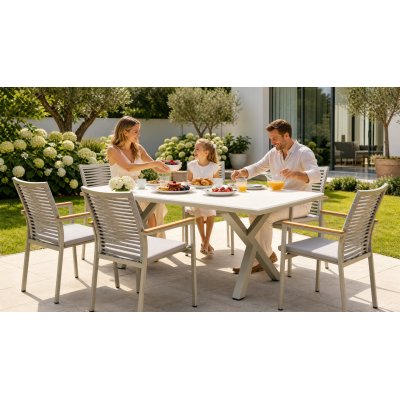 7-Piece Outdoor Dining Set | Aluminium PSPC Board Table with Six Rope Weave Chairs