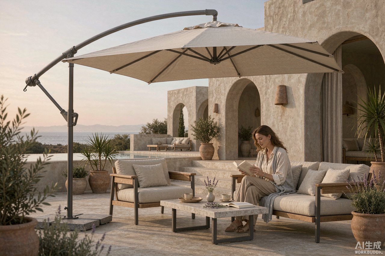 Premium cantilever umbrella shading a hotel terrace seating nook with a Caucasian guest reading