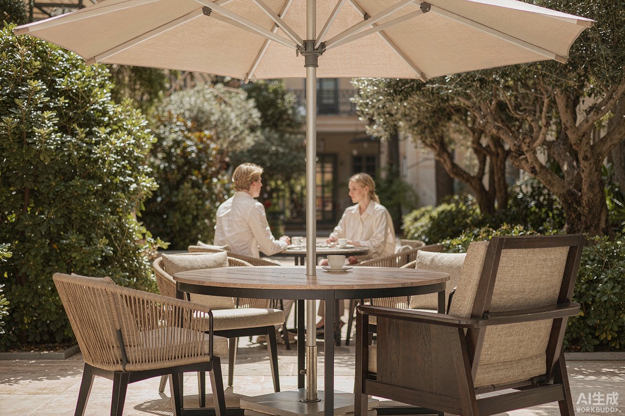 Classic center-pole commercial patio umbrella over a hotel terrace bistro table with two Caucasian guests