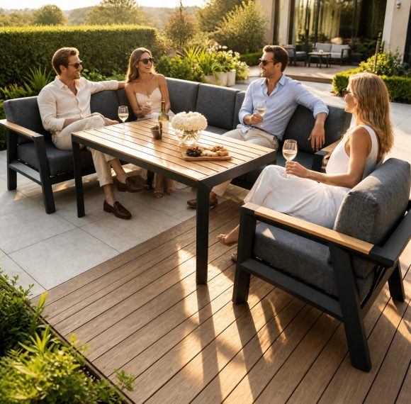 Aluminium Corner Sofa Set | 6-Piece Teak-Arm Outdoor Lounge with Half-Height Table for Villa Deck