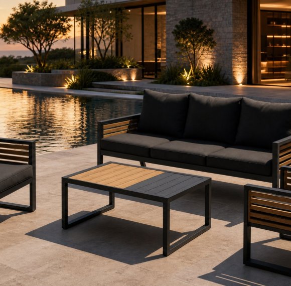 Aluminium Outdoor Sofa Set | 4-Piece Garden Lounge with Wood-Slat Panels for Villa Terrace Hotel