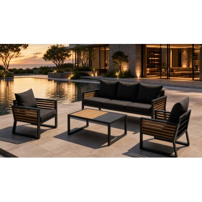 Aluminium Outdoor Sofa Set | 4-Piece Garden Lounge with Wood-Slat Panels for Villa Terrace Hotel