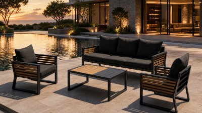 Aluminium Outdoor Sofa Set | 4-Piece Garden Lounge with Wood-Slat Panels for Villa Terrace Hotel