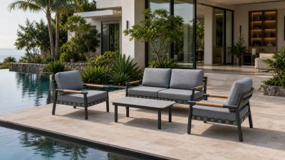 Aluminium Outdoor Sofa Set | 4-Piece Garden Lounge with Wood-Look Arms for Villa Patio Hotel