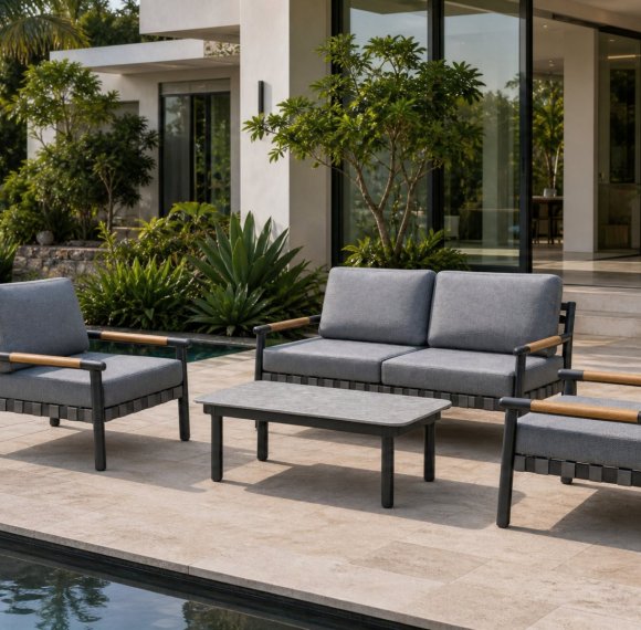 Aluminium Outdoor Sofa Set | 4-Piece Garden Lounge with Wood-Look Arms for Villa Patio Hotel