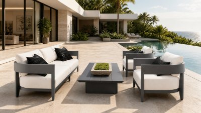 Aluminium Outdoor Sofa Set | 4-Piece Garden Lounge with Slatted Coffee Table for Villa Courtyard