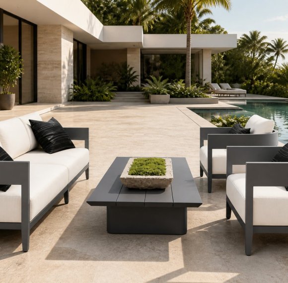 Aluminium Outdoor Sofa Set | 4-Piece Garden Lounge with Slatted Coffee Table for Villa Courtyard