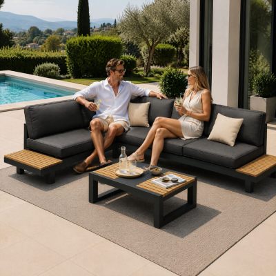 Aluminium Outdoor Sofa Set | L-Shape Corner Garden Sofa with Slatted Coffee Table for Hotel Terrace