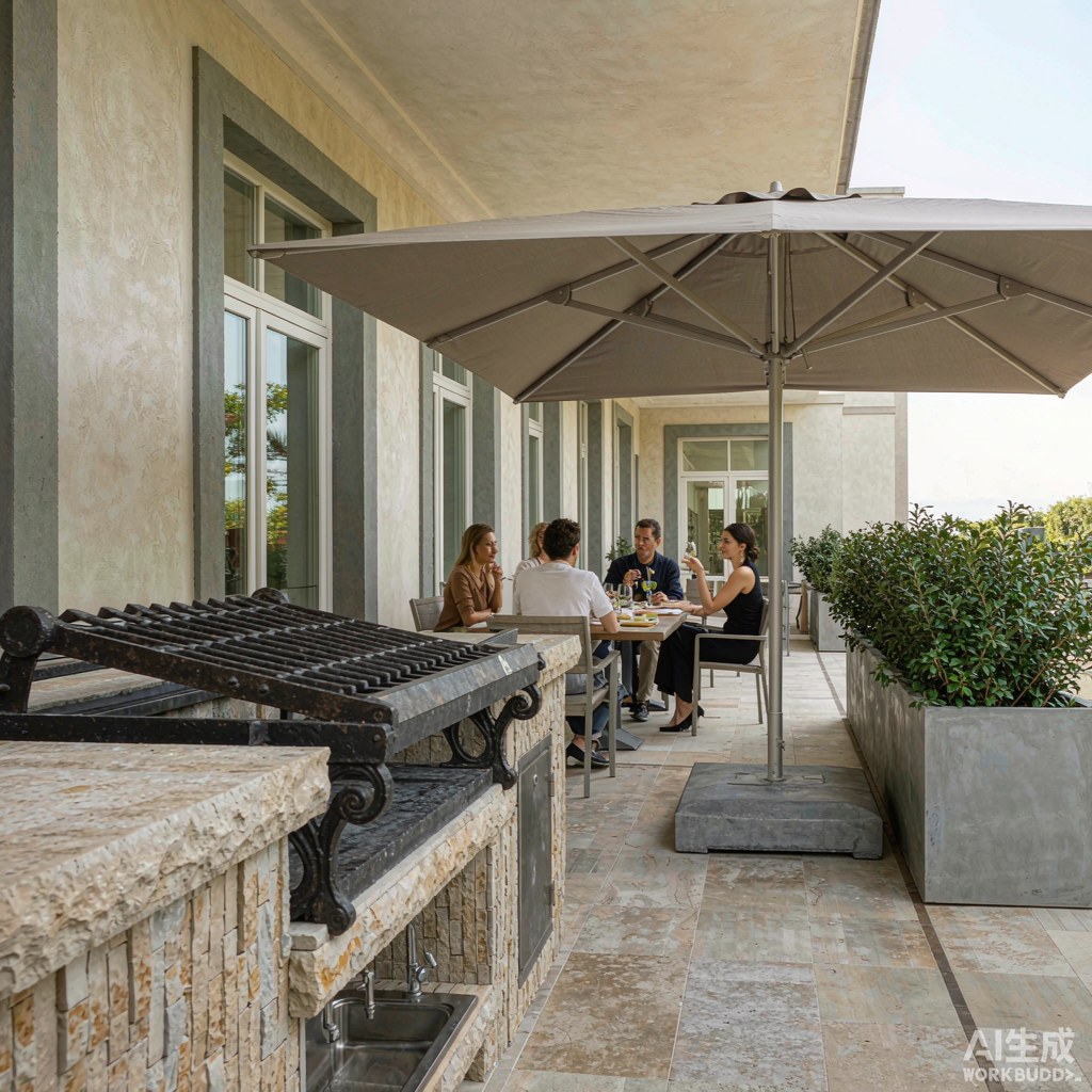 Resort outdoor kitchen terrace shaded by a cantilever umbrella