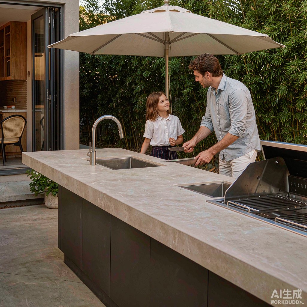 Family cooking at an outdoor kitchen island under a side parasol