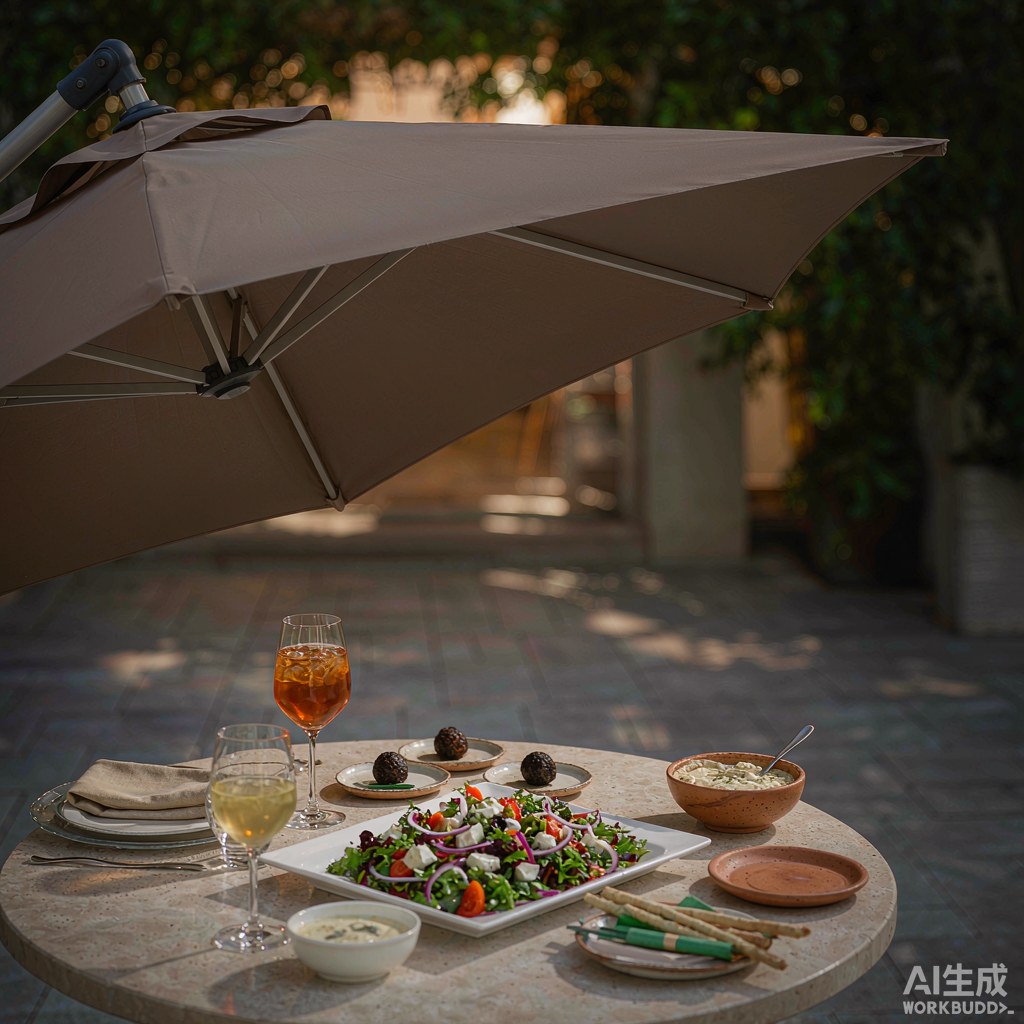 Cantilever umbrella shading a stone outdoor dining table