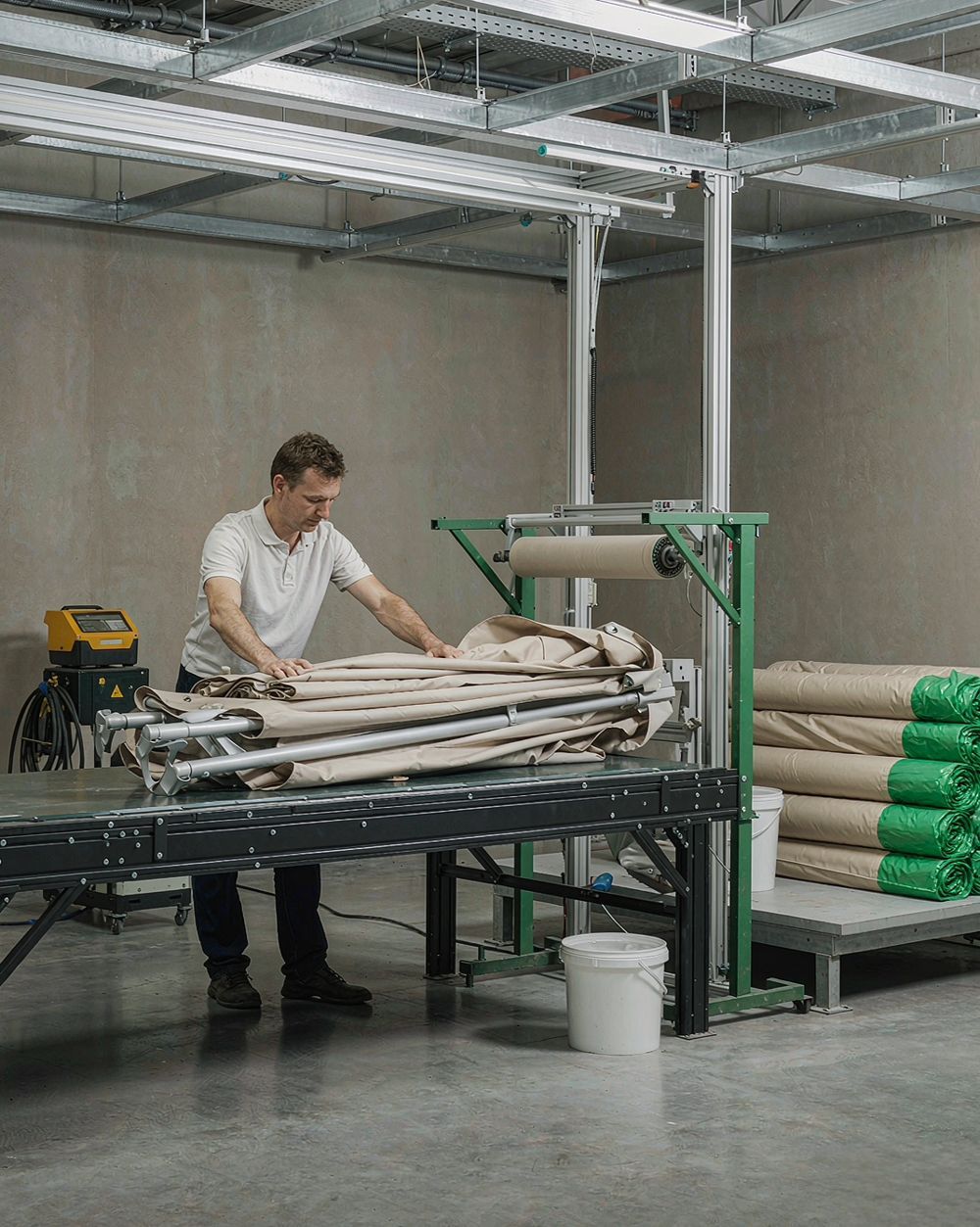 Foris Hortus production floor with umbrella frames and canopy rolls