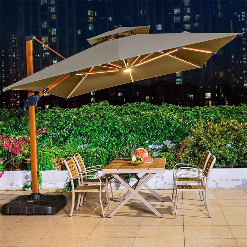 Side-pole parasol in wood-grain finish with offset arm