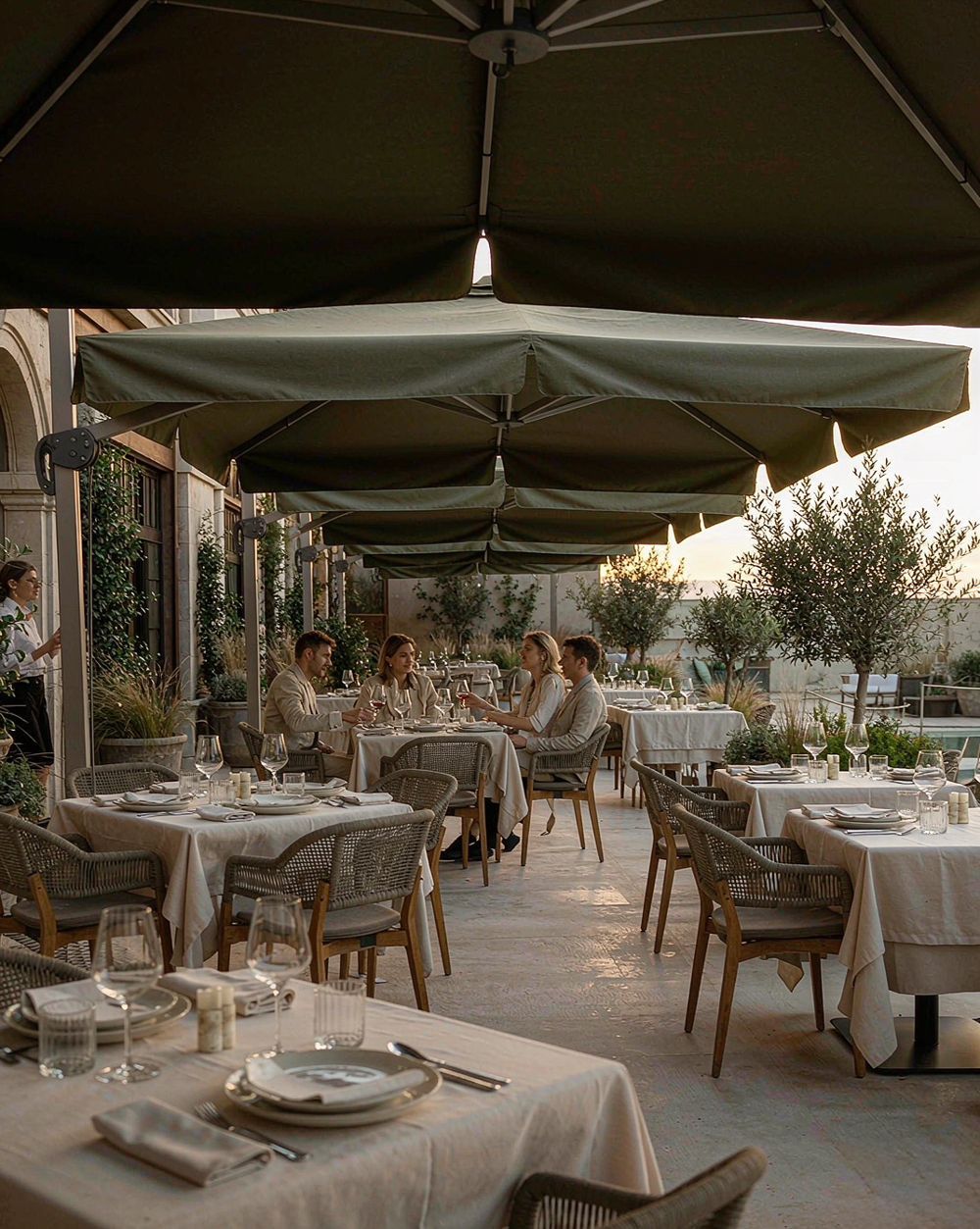 Commercial umbrella shading a restaurant terrace