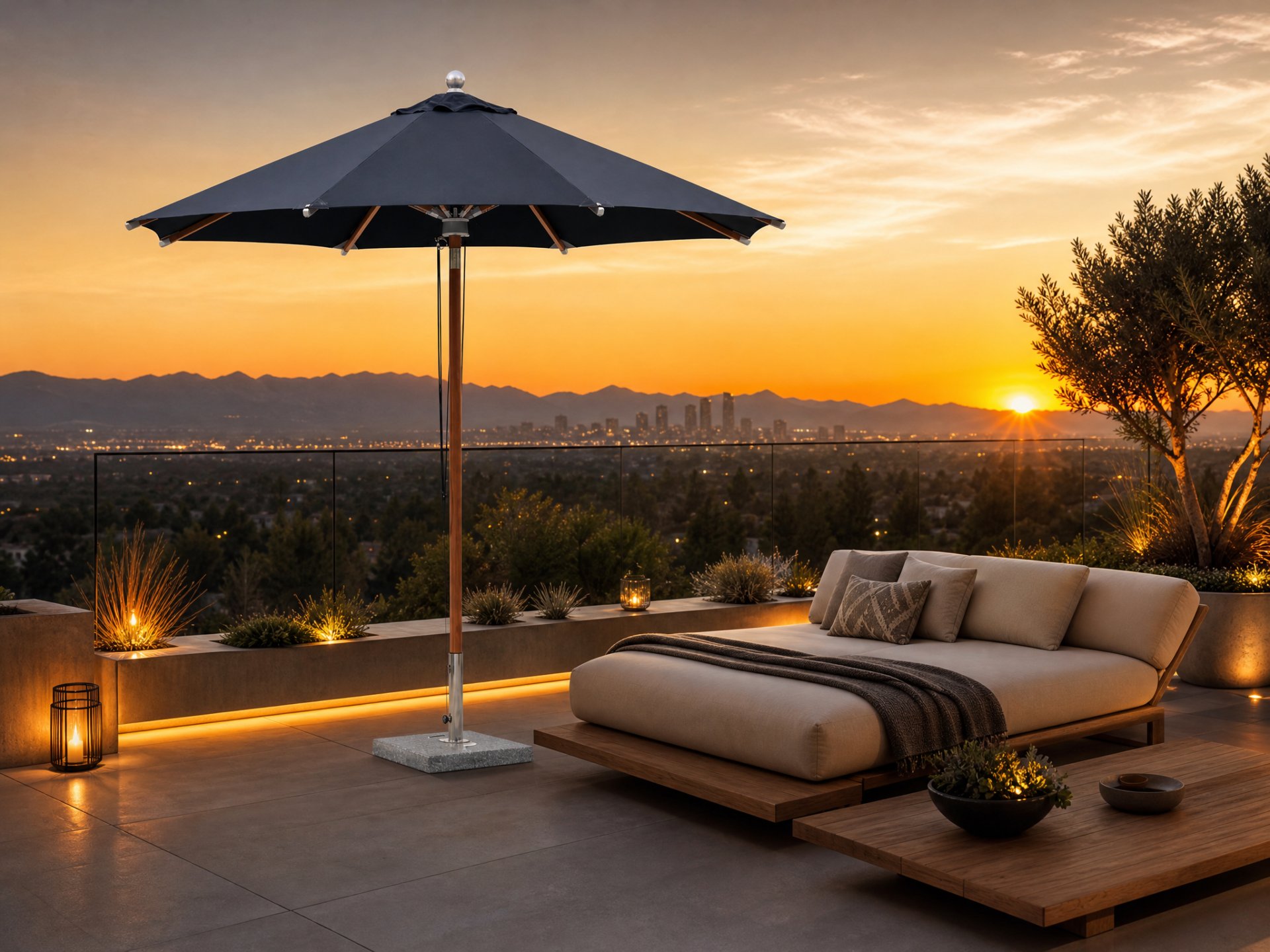 Center pole umbrella on a modern rooftop terrace at sunset