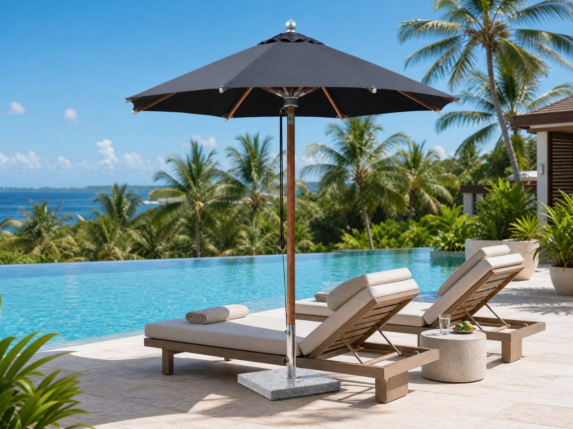 Center pole umbrella by a five-star resort pool and green planting