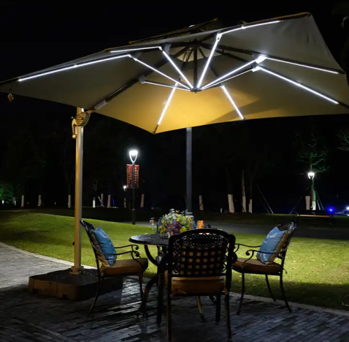 Cantilever Umbrella with LED Lighting and Side Pole for Commercial Outdoor Night Use
