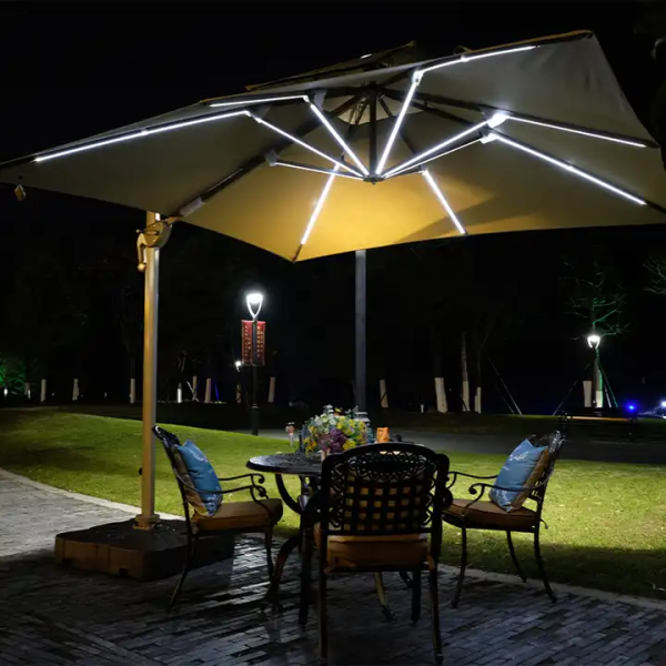 Cantilever Umbrella with LED Lighting and Side Pole for Commercial Outdoor Night Use