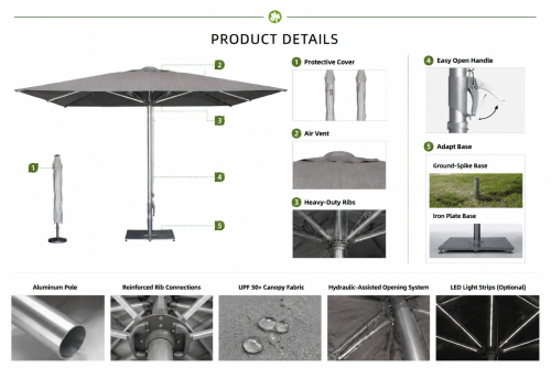 FHUM103 Premium Commercial Center Pole Umbrella | 4x4m Anodized Aluminum Outdoor Patio Umbrella with LED