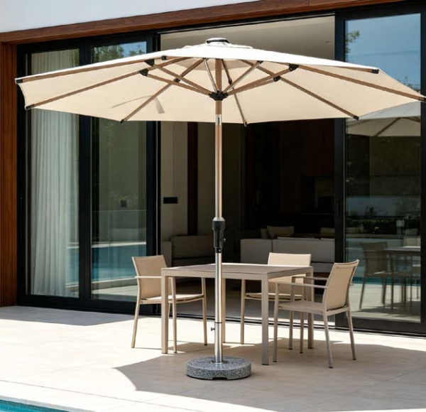 FHUM076 Wood-Grain Aluminum Tilt Center Pole Outdoor Umbrella | 3M Round with LED Light Option